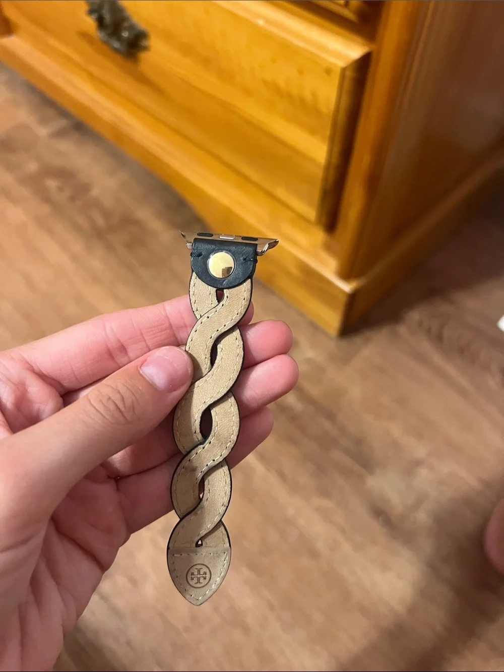 Tory Burch Navy Blue Braided Leather Apple Watch Band with Gold Adapters